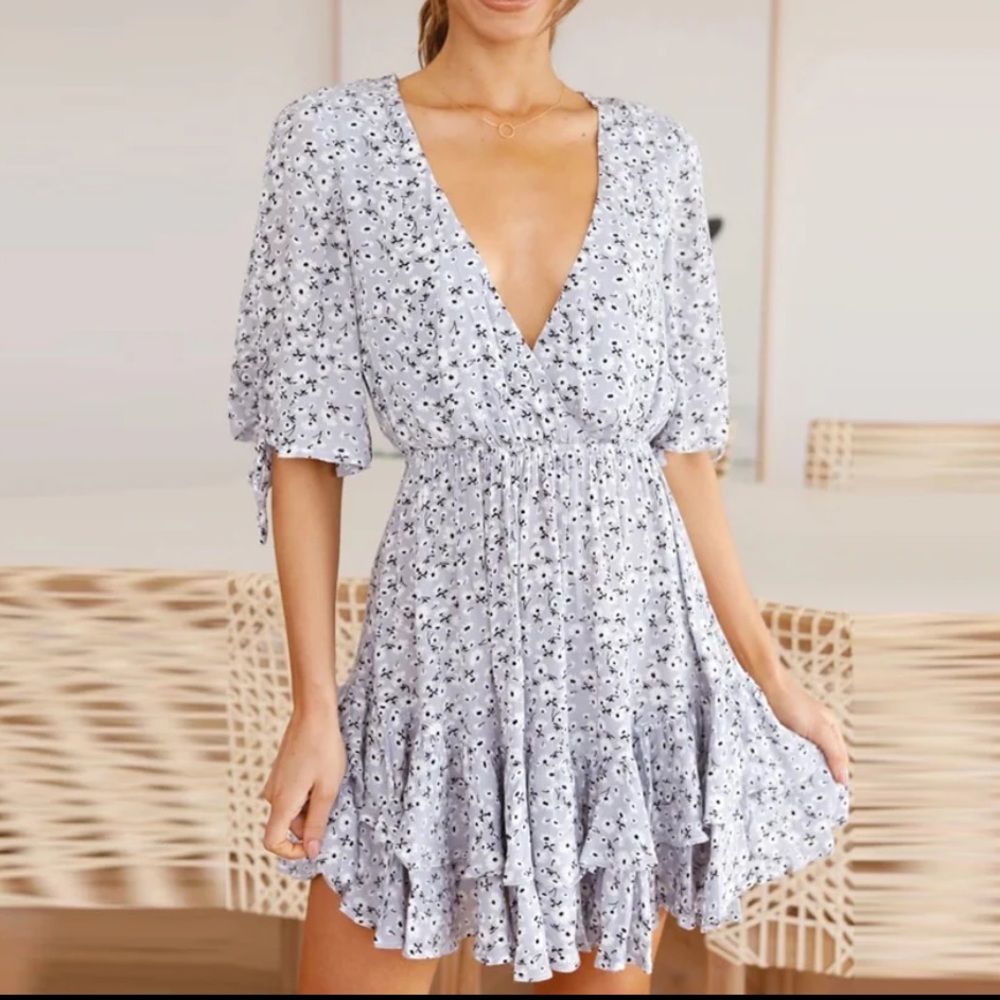 lavender floral mini dress with sleeve ties